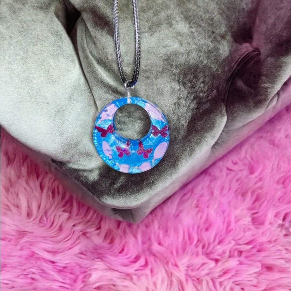 Hand Crafted Blue and Pink Iridescent Pendant Necklace